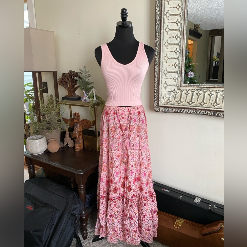 Floral Pink White Maxi Skirt Button Front Elastic Waist